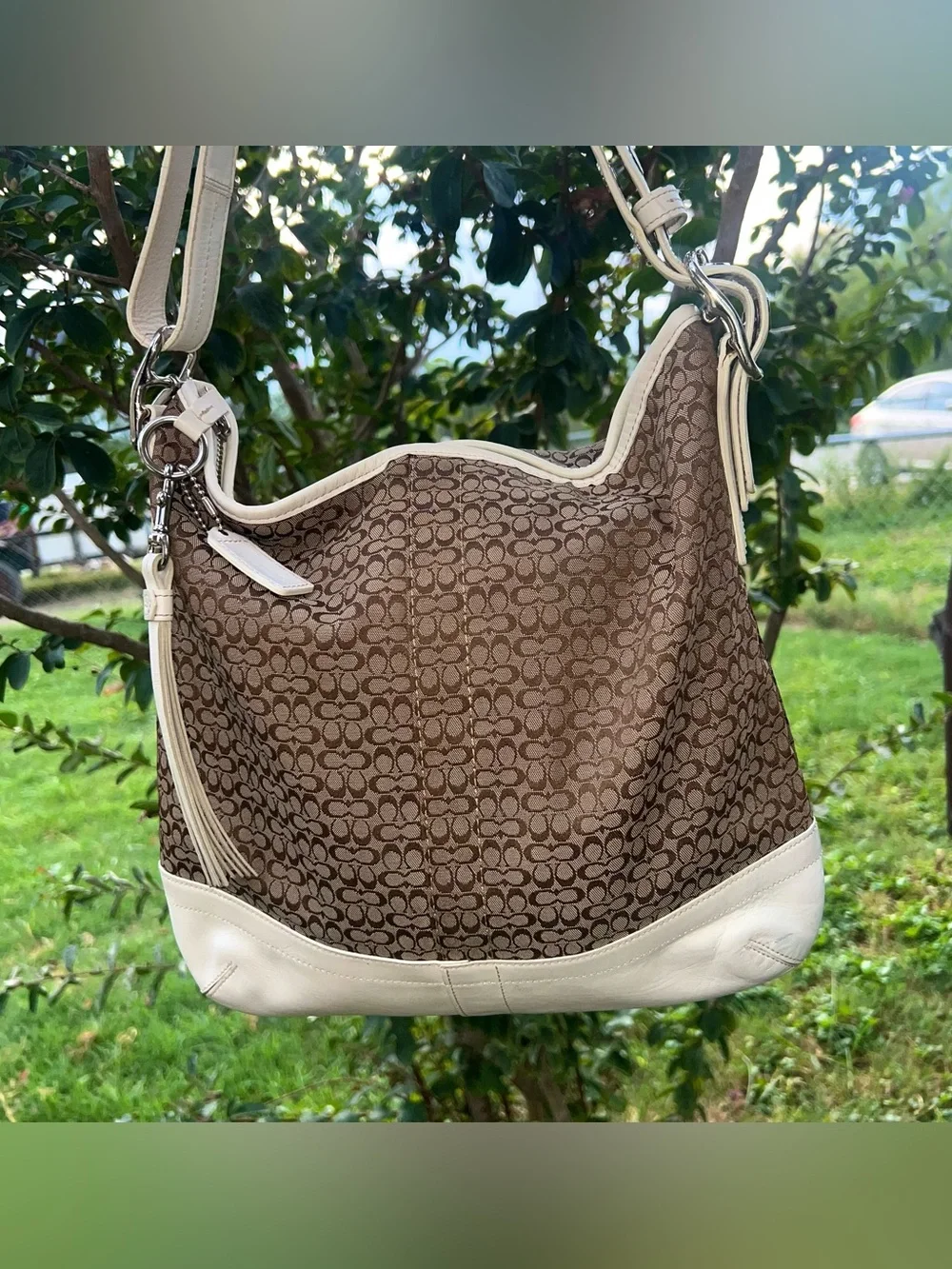 Y2K Vintage Coach F10416 Signature Monogram Jacquard Shoulder Bag White Leather